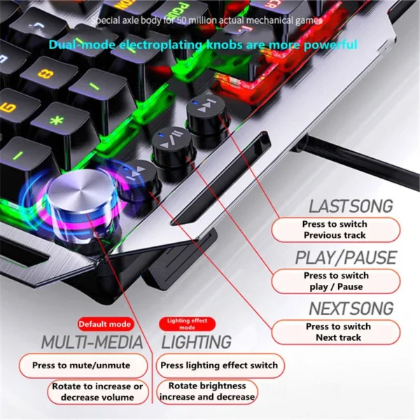 wired metal mechanical gaming keyboard RGB with hand rest phone holder knob adjustment Full Size 104 key Blue Black Switch - Image 2
