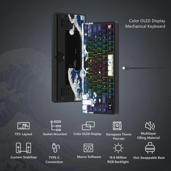 Wired Mechanical Gaming Keyboard with OLED Display Full Key Hot-Swappable Pudding RGB Backlit Keyboard for PC Computer Laptop - Image 4
